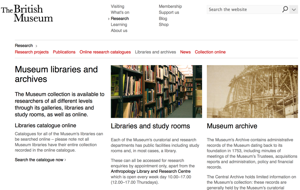 Screen Shot of the British Museum’s Libraries and Archives webpage.